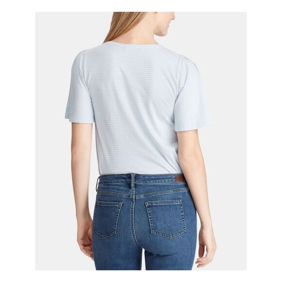 PX Womens Light Blue Embellished Button Flutter Boat Neck Top Petites PS - Picture 2 of 5